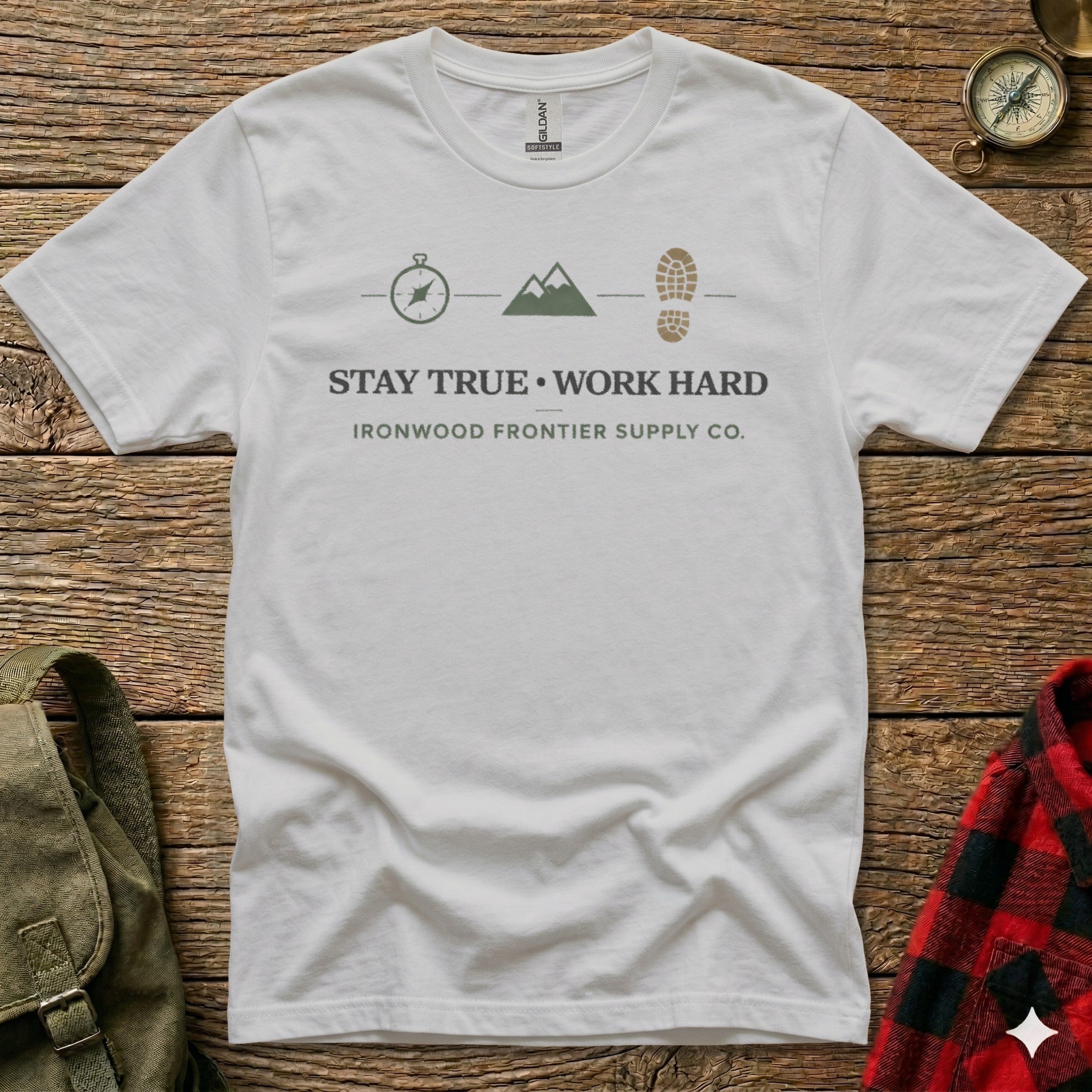 White t-shirt with "STAY TRUE WORK HARD" and compass design.