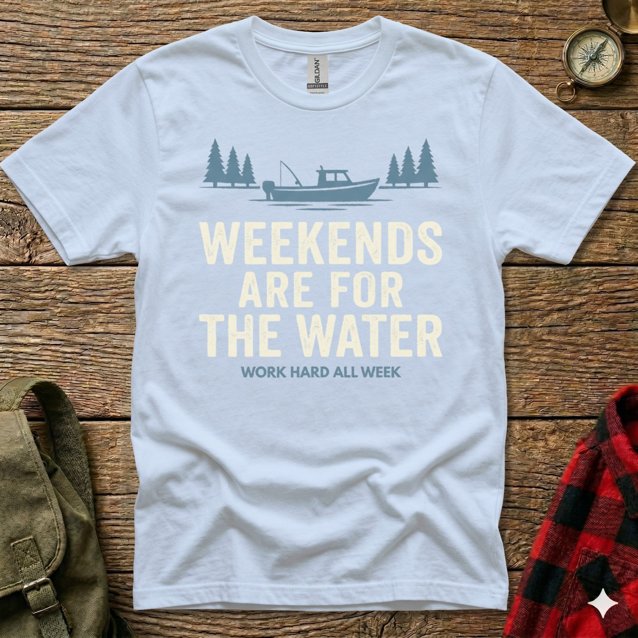 Light blue t-shirt with "Weekends are for the water" text and boat graphic.