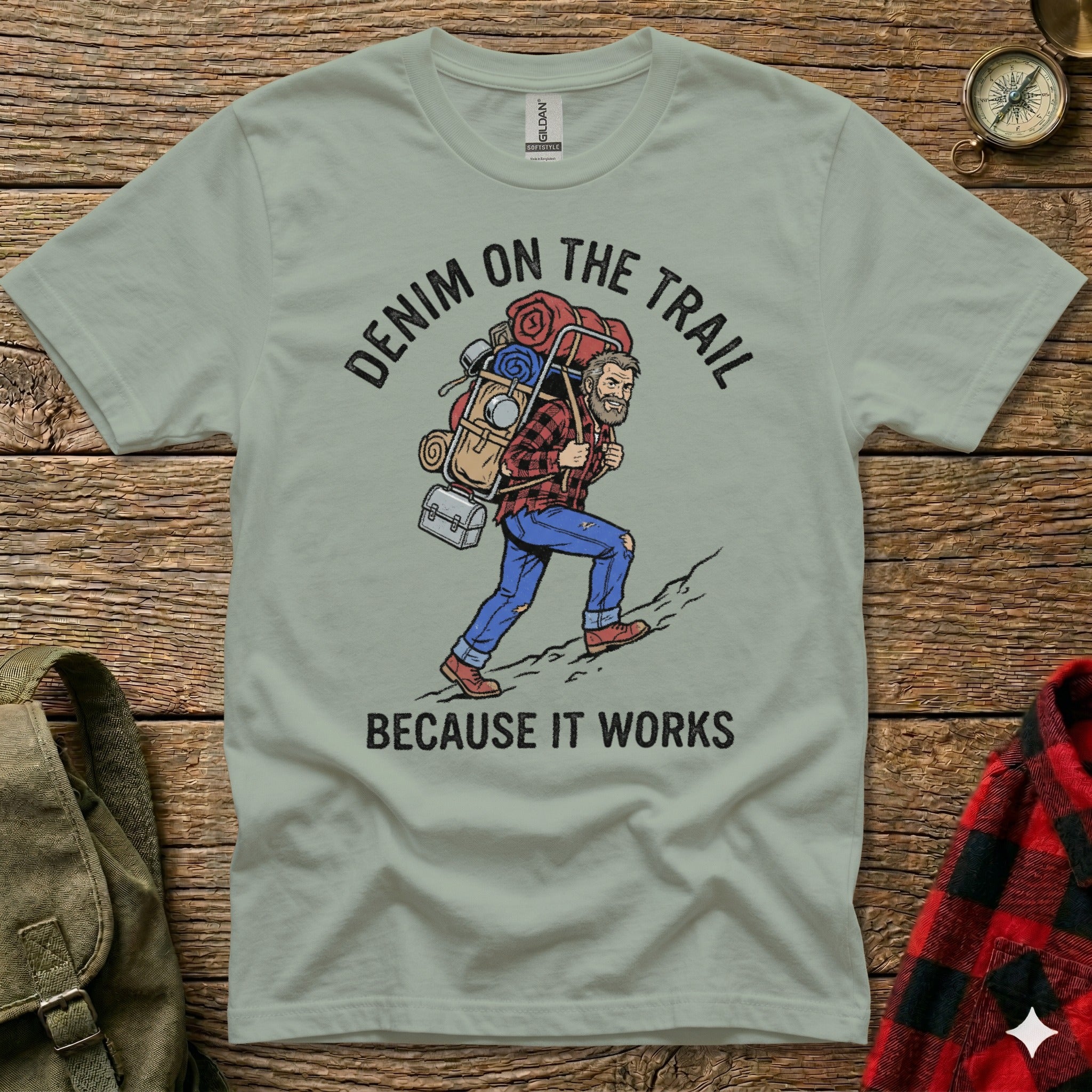 Man with backpack hiking, "DENIM ON THE TRAIL BECAUSE IT WORKS" text.