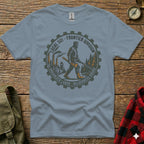Gray t-shirt with a circular graphic of a logger and gears.