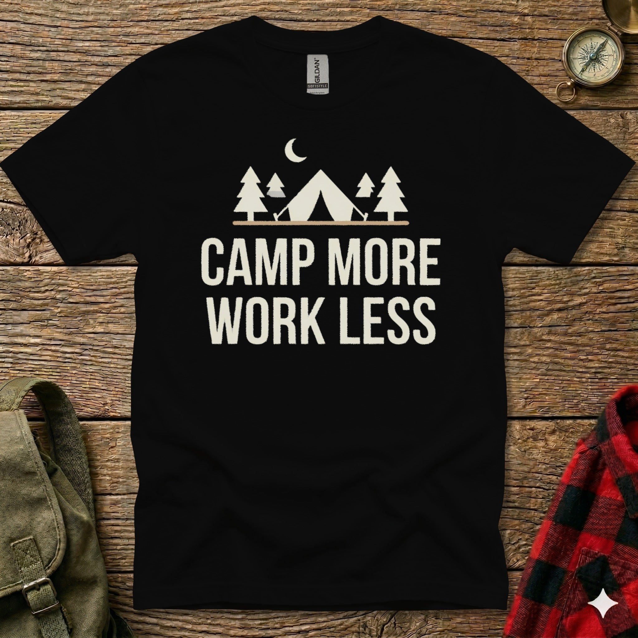 Black t-shirt with "Camp More Work Less" and tent graphics.