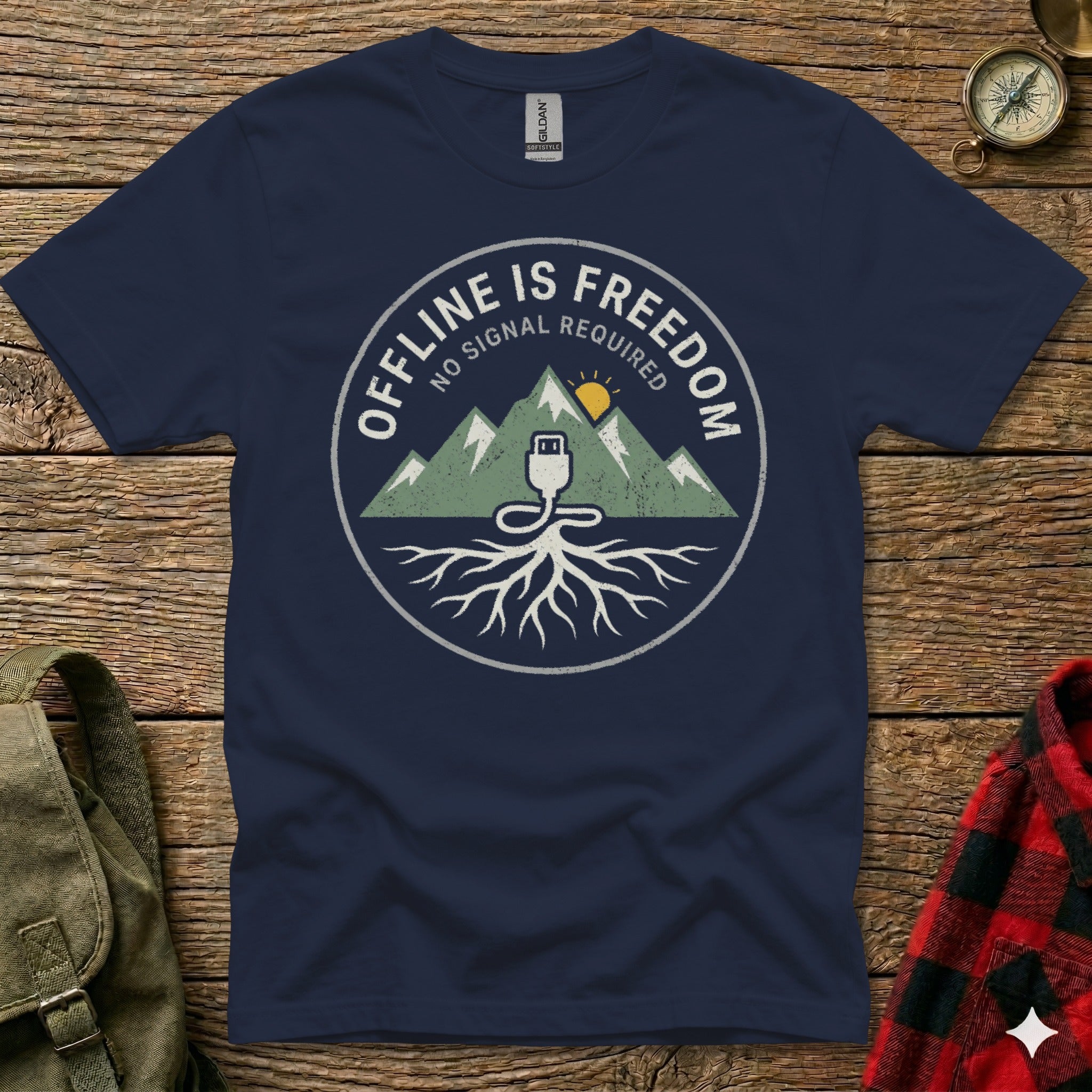 Navy t-shirt with "OFFLINE IS FREEDOM NO SIGNAL REQUIRED" text and mountain graphic.