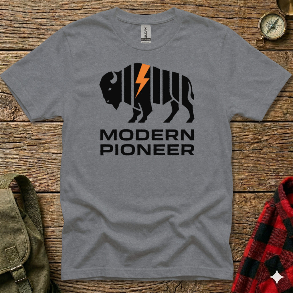 Gray t-shirt with a black bison graphic and "MODERN PIONEER" text.