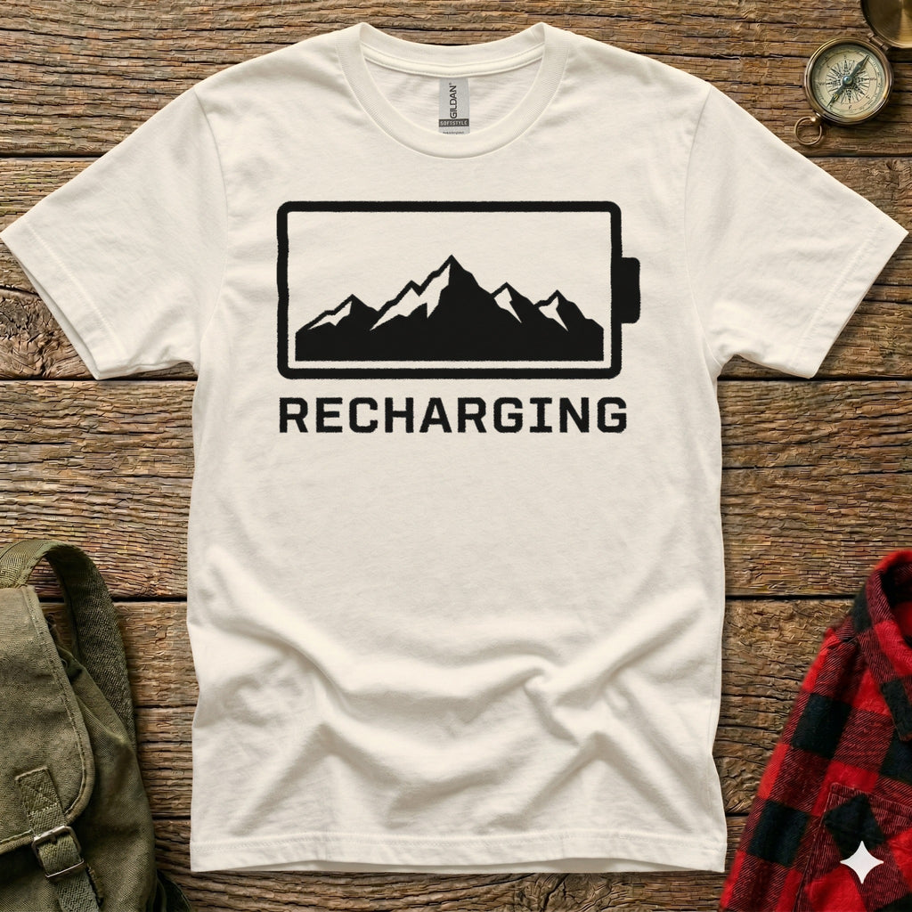 White t-shirt with "RECHARGING" text above mountain silhouette in battery icon.