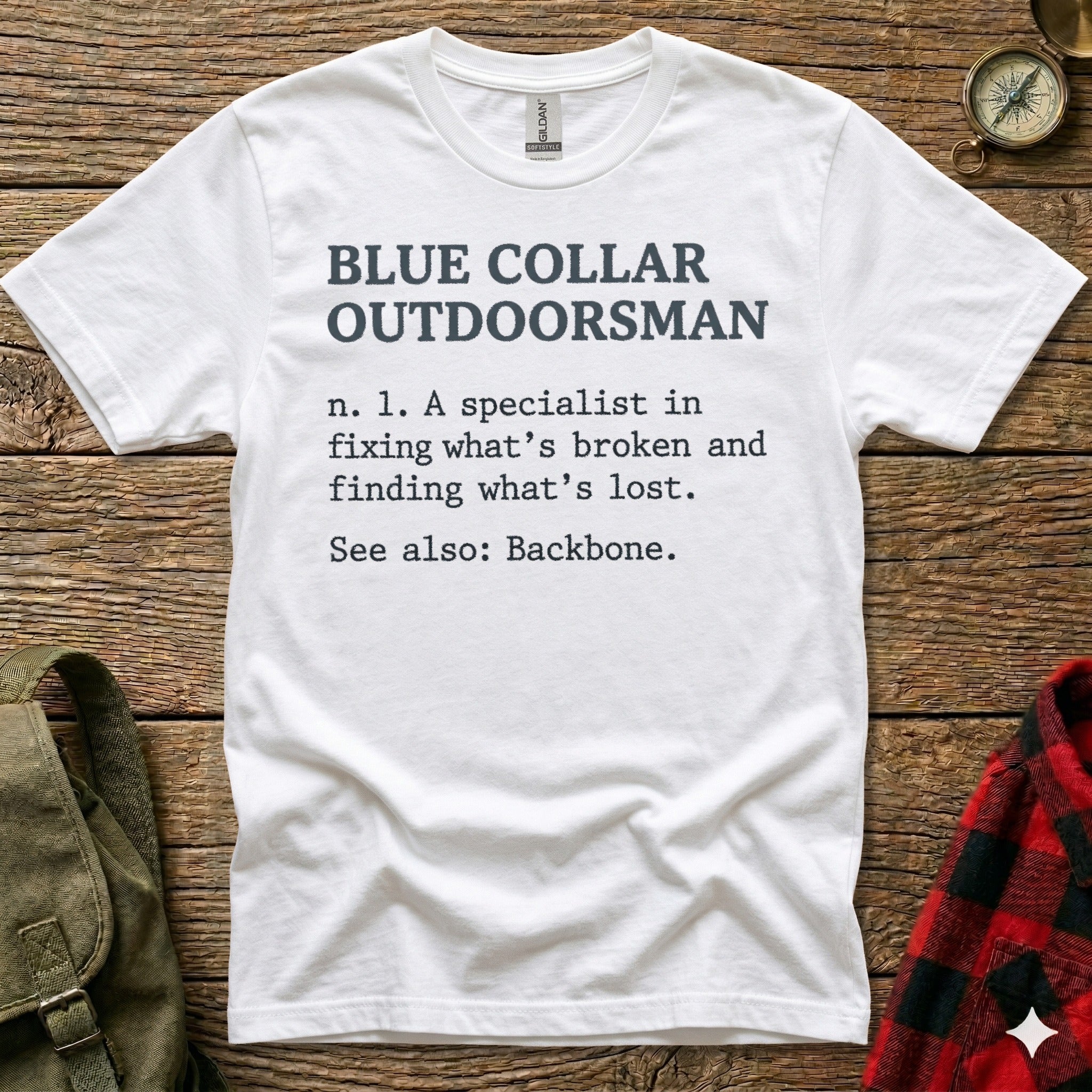 White t-shirt with "Blue Collar Outdoorsman" definition in black text.