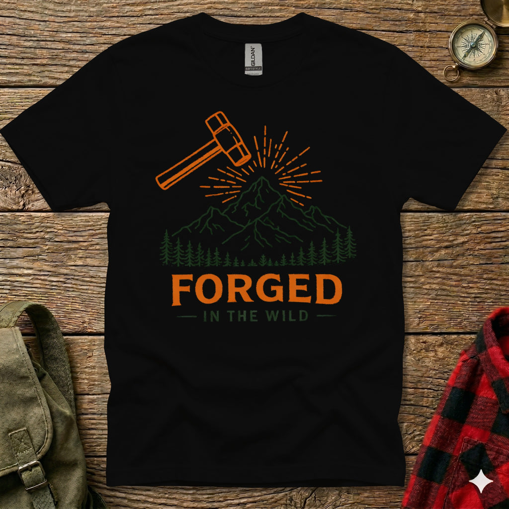 Black t-shirt with "FORGED IN THE WILD" text and hammer graphic.