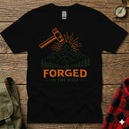 Black t-shirt with "FORGED IN THE WILD" text and hammer graphic.