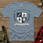 The Common Man's Club crest with tools, fire, gloves, and tree: "No Suits Just Sweat."