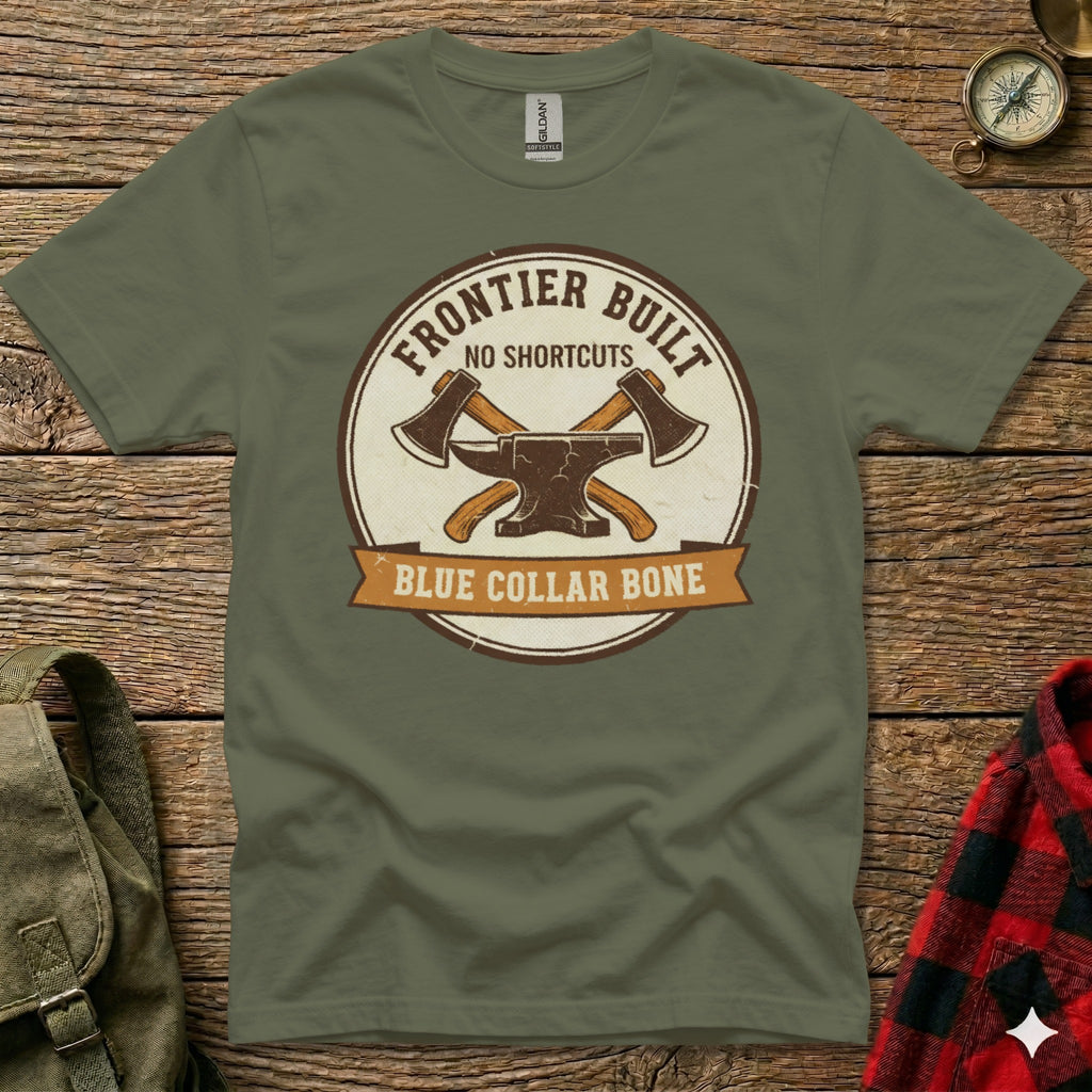 T-shirt with circular "Frontier Built" logo featuring crossed axes and "Blue Collar Bone" banner.