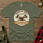 T-shirt with circular "Frontier Built" logo featuring crossed axes and "Blue Collar Bone" banner.