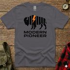 Dark grey t-shirt with a black bison logo and "MODERN PIONEER" text.