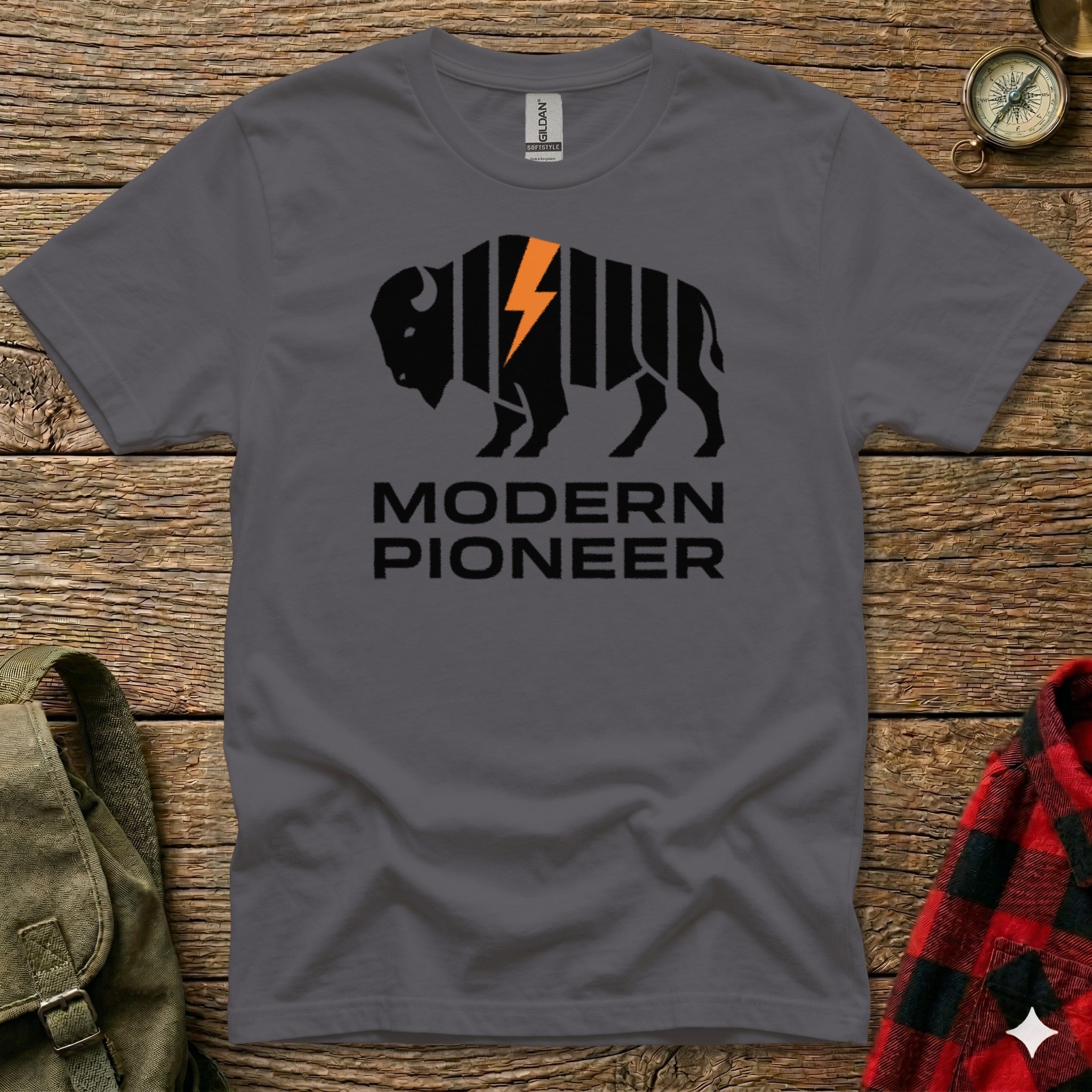 Dark grey t-shirt with a black bison logo and "MODERN PIONEER" text.
