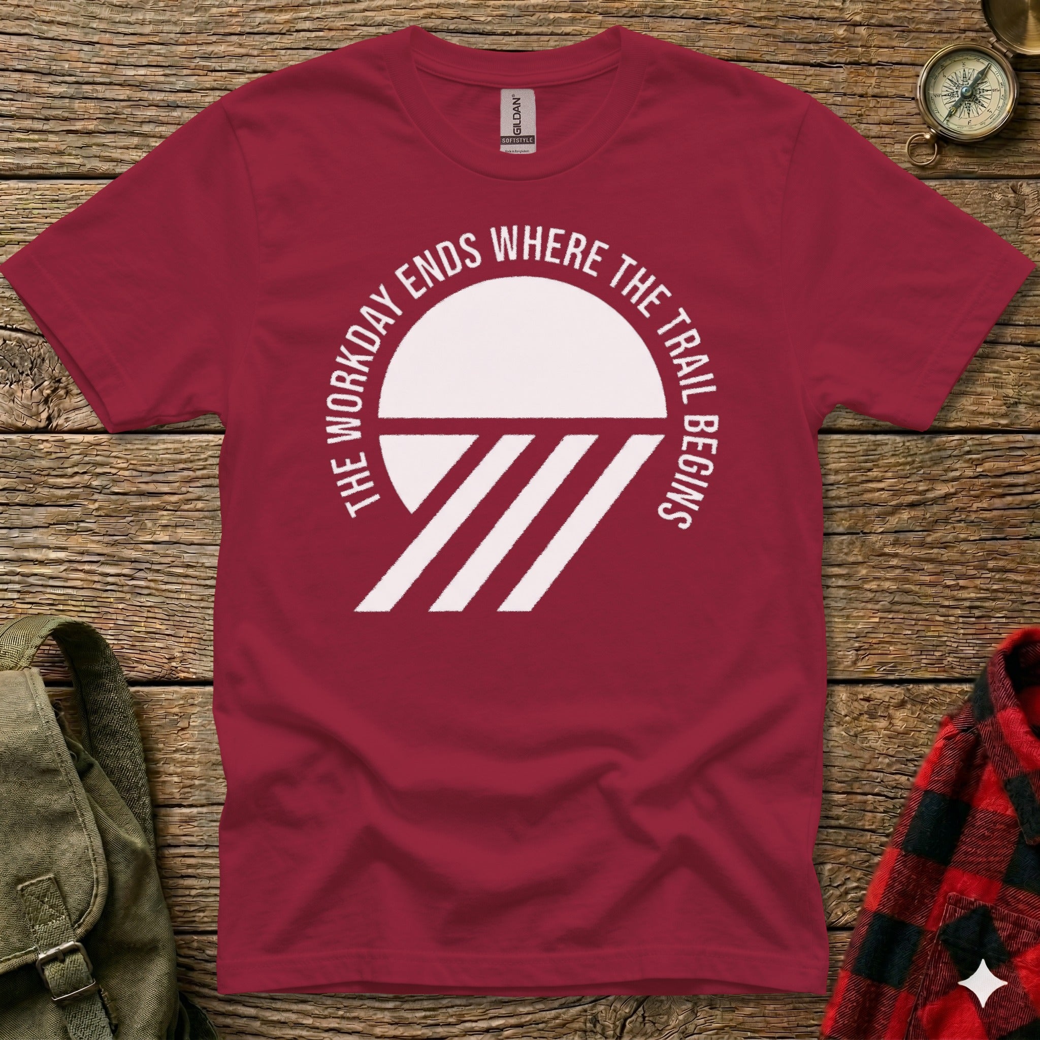 Maroon t-shirt with "The Workday Ends Where The Trail Begins" graphic.