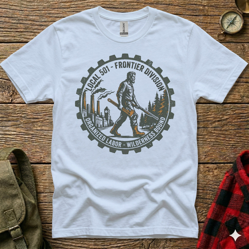 White t-shirt with circular graphic of a frontiersman and gears.