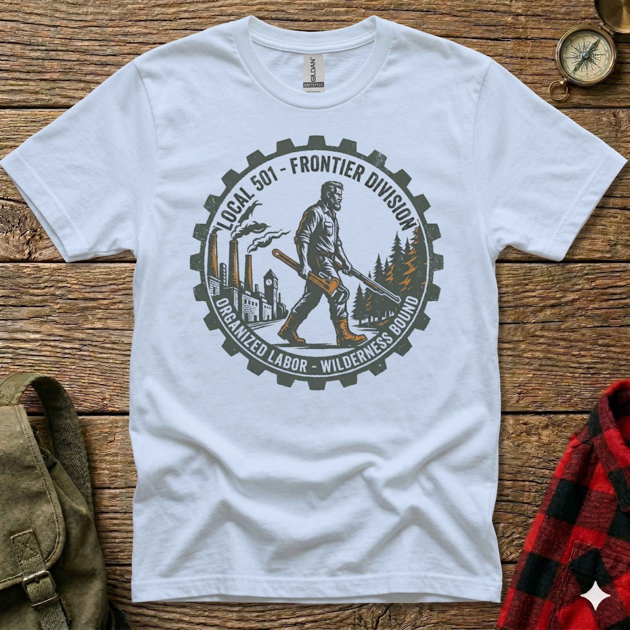 White t-shirt with circular graphic of a frontiersman and gears.