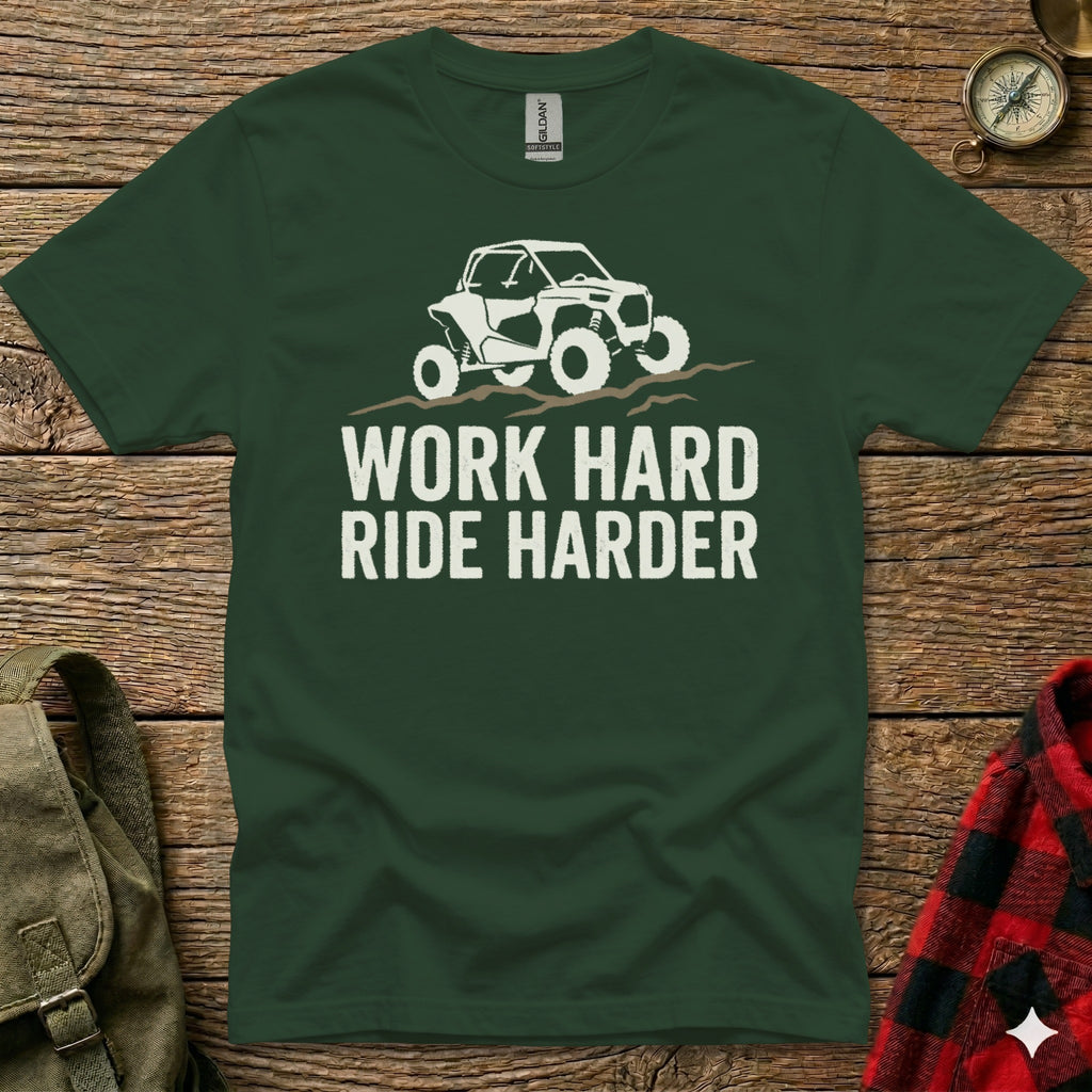 Dark green t-shirt with white text and a graphic of a utility vehicle.