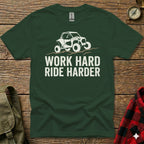 Dark green t-shirt with white text and a graphic of a utility vehicle.