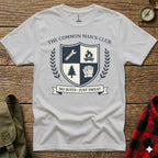 White t-shirt with "The Common Man's Club" crest featuring shield, tree, and gloves.