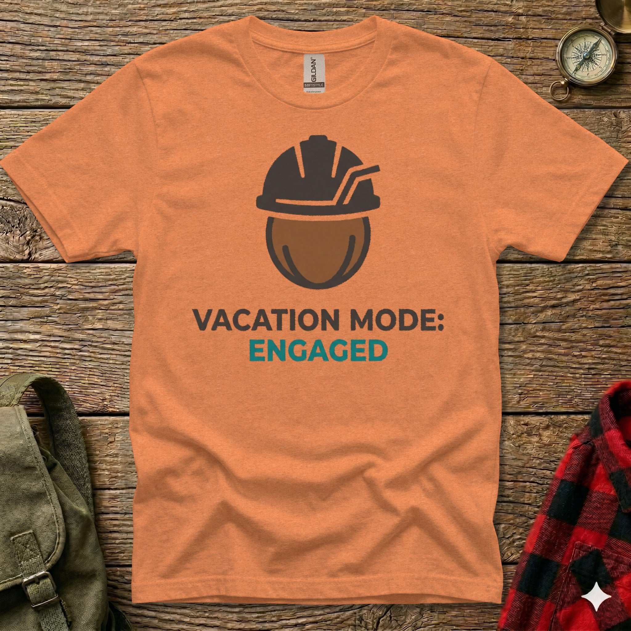 Orange t-shirt with "Vacation Mode: Engaged" and hard hat graphic.