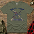 Olive green t-shirt with "BLUE COLLAR BUILT FATHERHOOD REFINED" and crossed wrench and fishing rod.