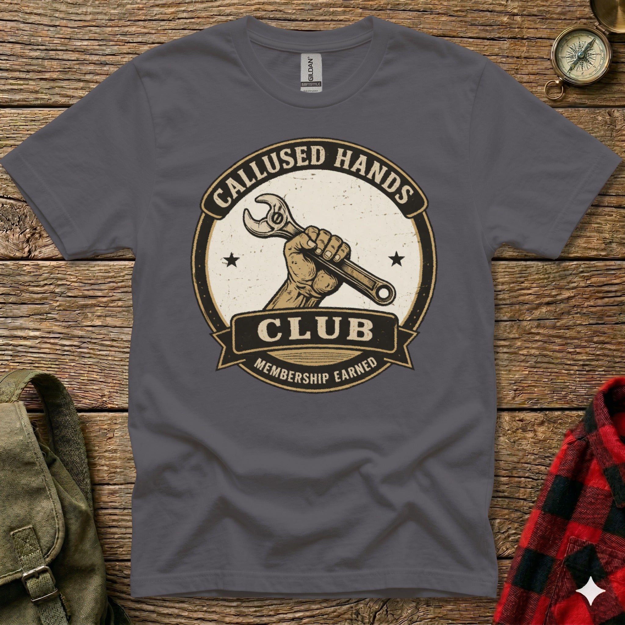 T-shirt with "Callused Hands Club Membership Earned" text and wrench graphic.