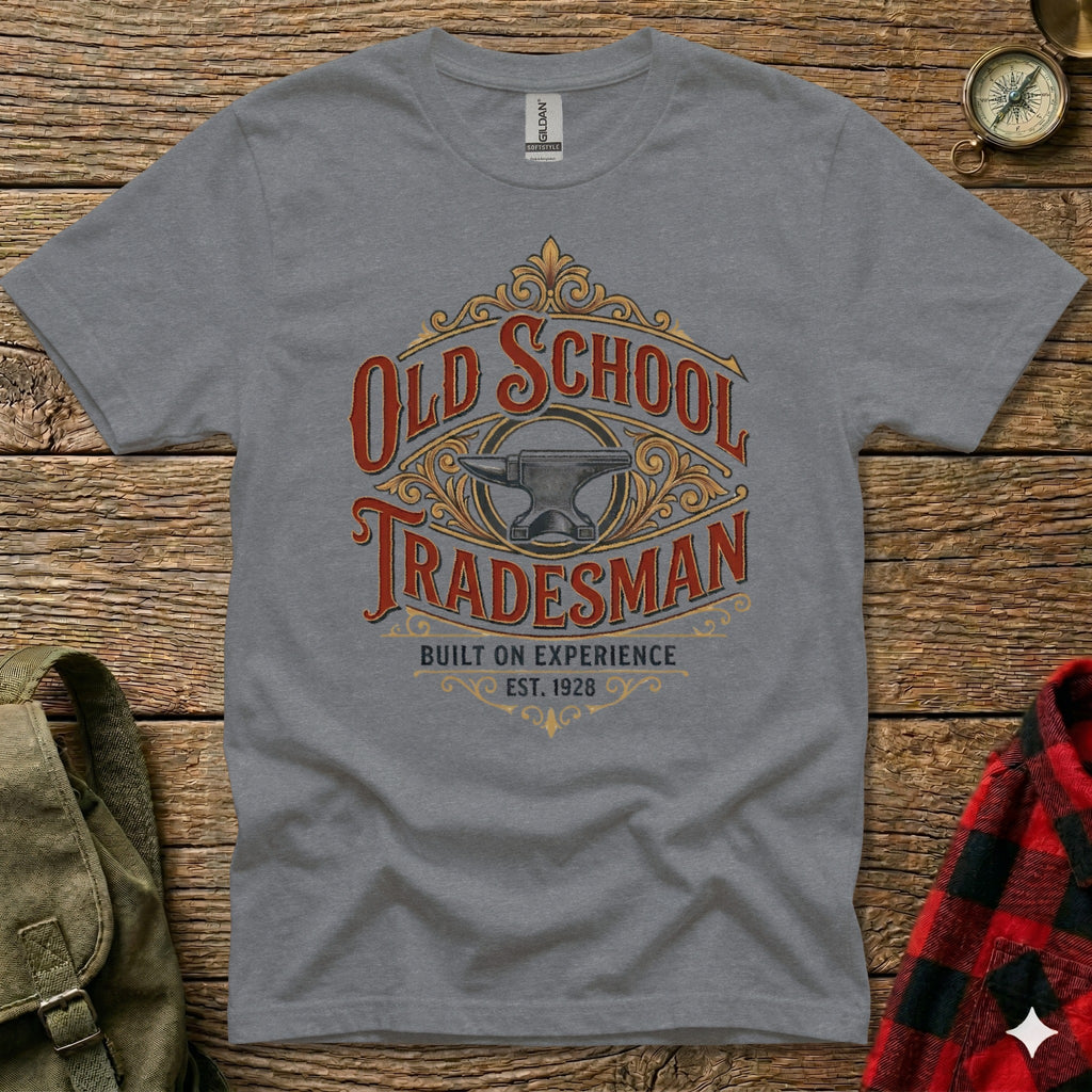 Gray t-shirt with "Old School Tradesman" and anvil graphic.