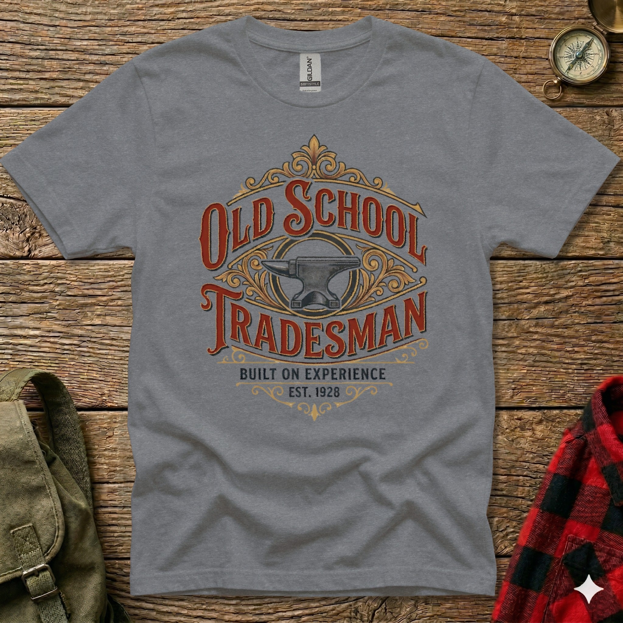 Gray t-shirt with "Old School Tradesman" and anvil graphic.