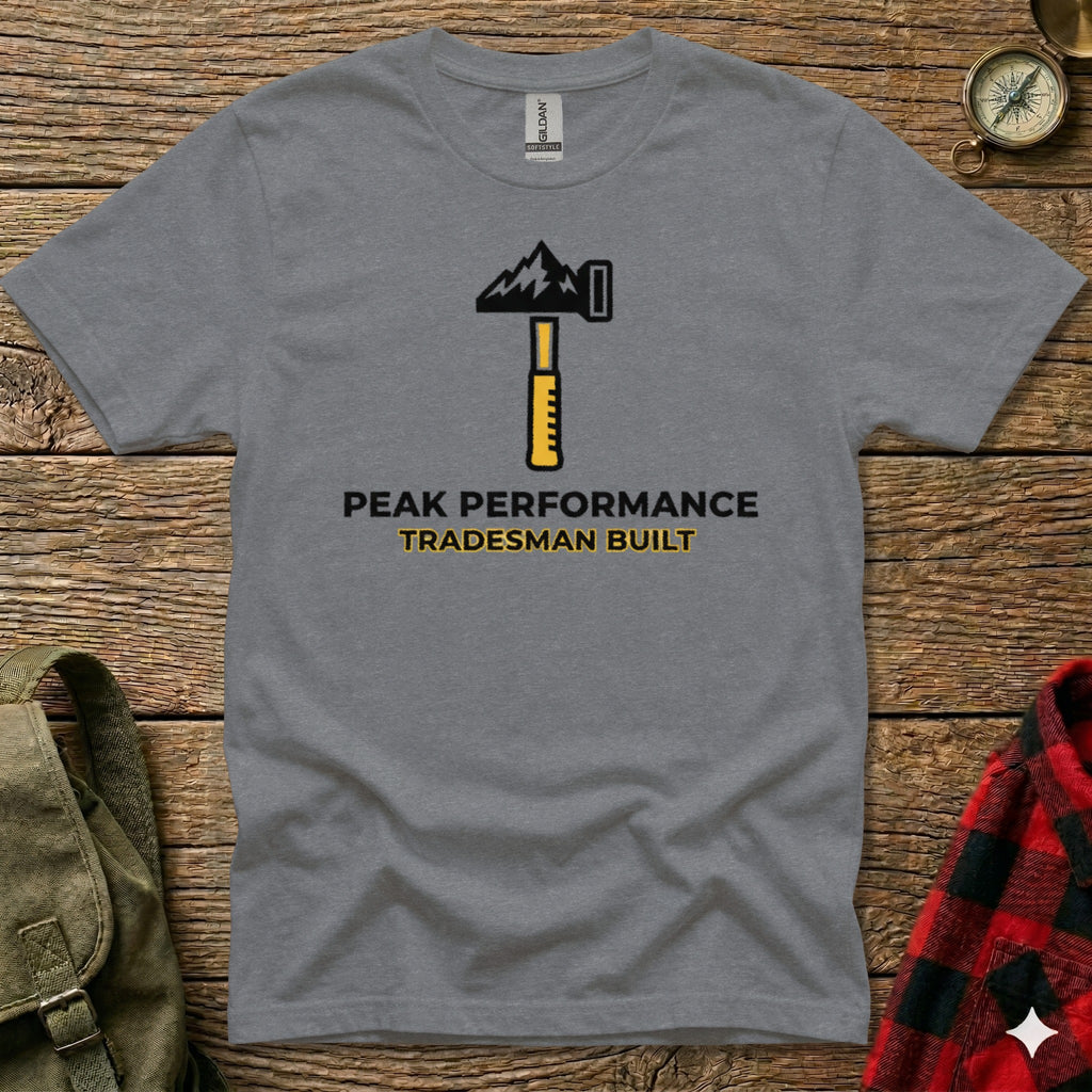 Grey t-shirt with "Peak Performance Tradesmen Built" logo on chest.