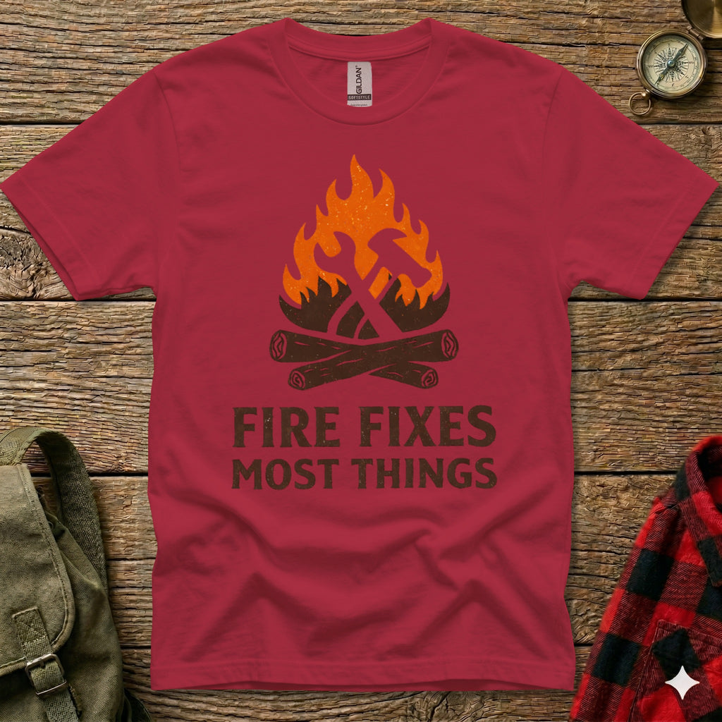Crimson t-shirt with "Fire Fixes Most Things" graphic and crossed tools.