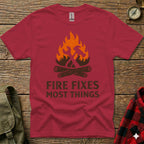 Crimson t-shirt with "Fire Fixes Most Things" graphic and crossed tools.
