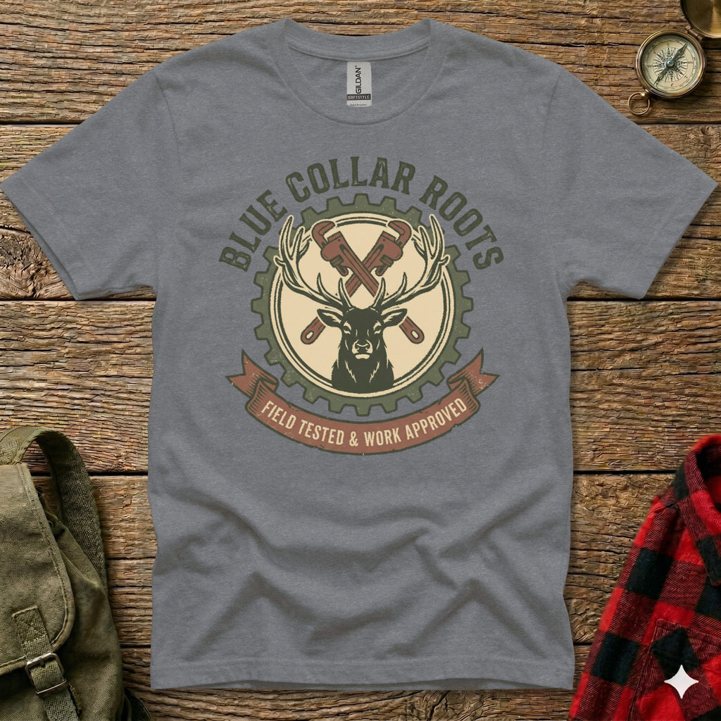 Grey t-shirt with "Blue Collar Roots Field Tested & Work Approved" deer and crossed wrenches logo.