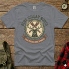 Grey t-shirt with "Blue Collar Roots Field Tested & Work Approved" deer and crossed wrenches logo.