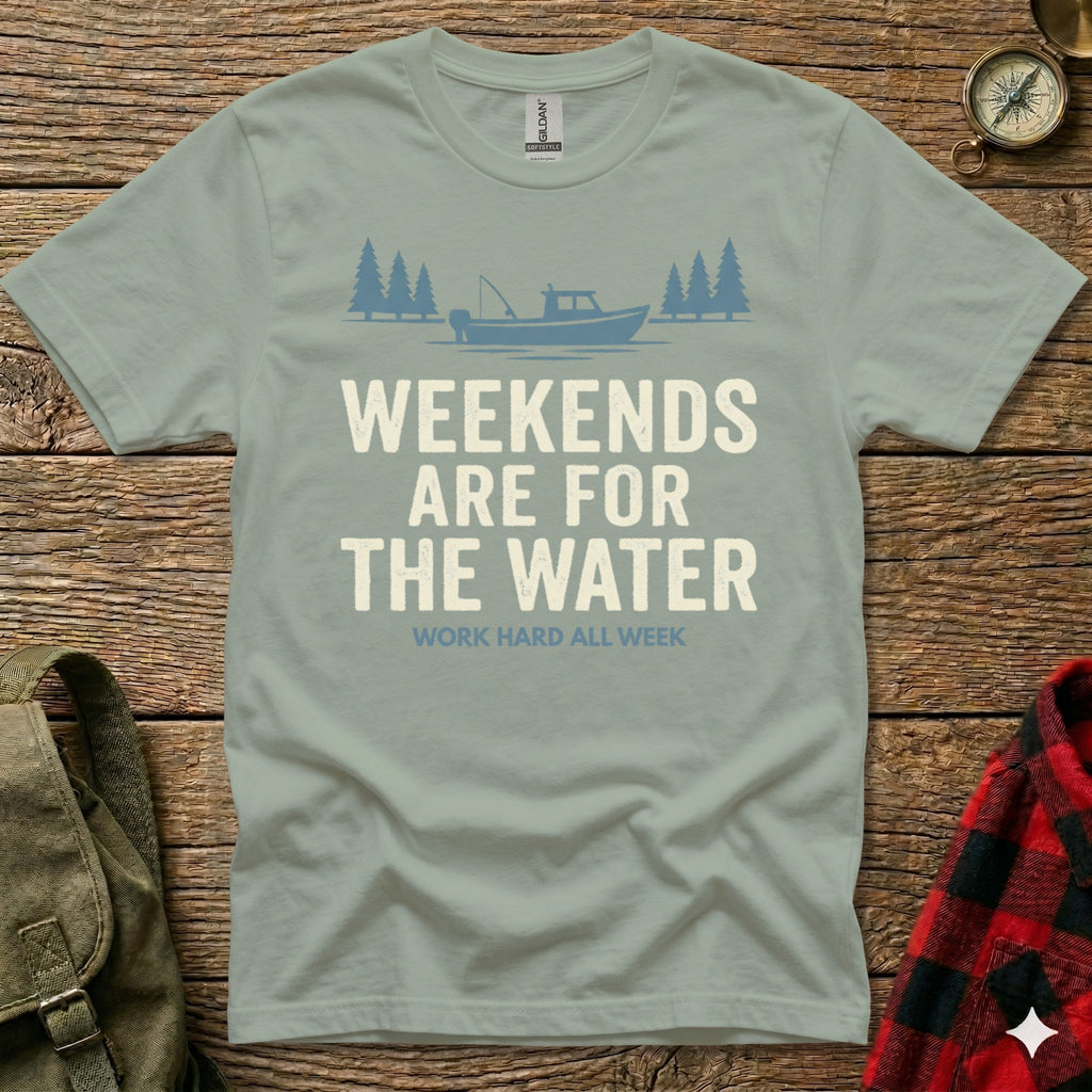Light blue t-shirt with "Weekends are for the water. Work hard all week." text and boat graphic.
