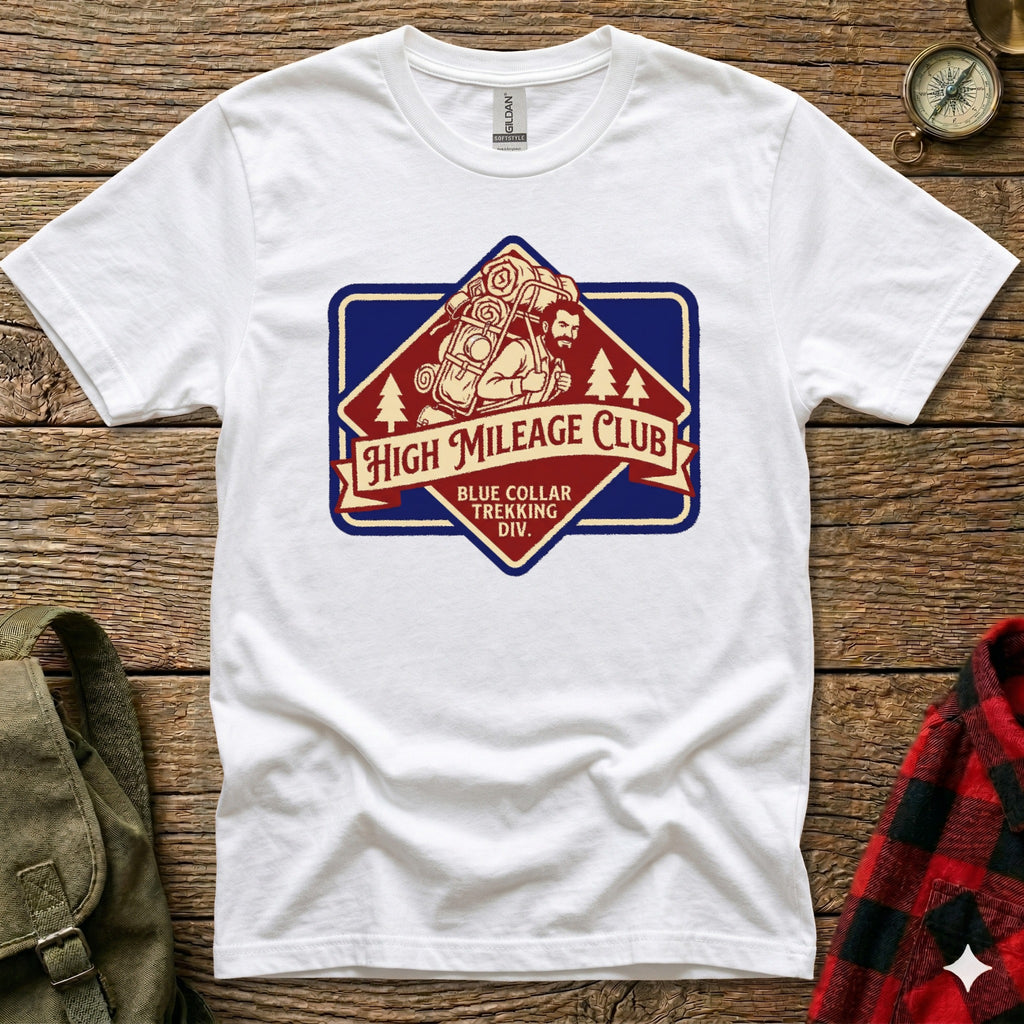 White t-shirt with "High Mileage Club" and "Blue Collar Trekking Div." badge logo.