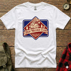 White t-shirt with "High Mileage Club" and "Blue Collar Trekking Div." badge logo.