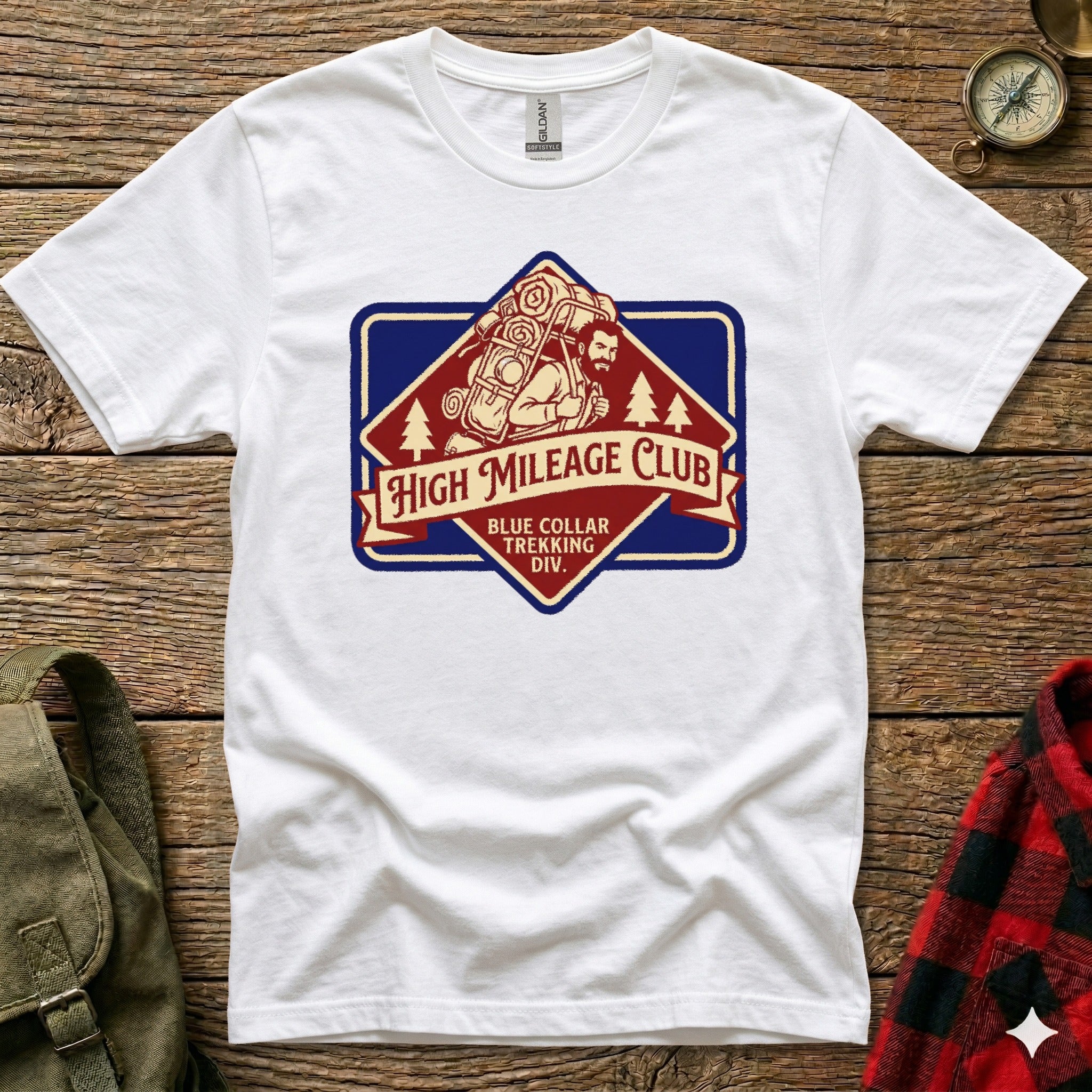White t-shirt with "High Mileage Club" and "Blue Collar Trekking Div." badge logo.