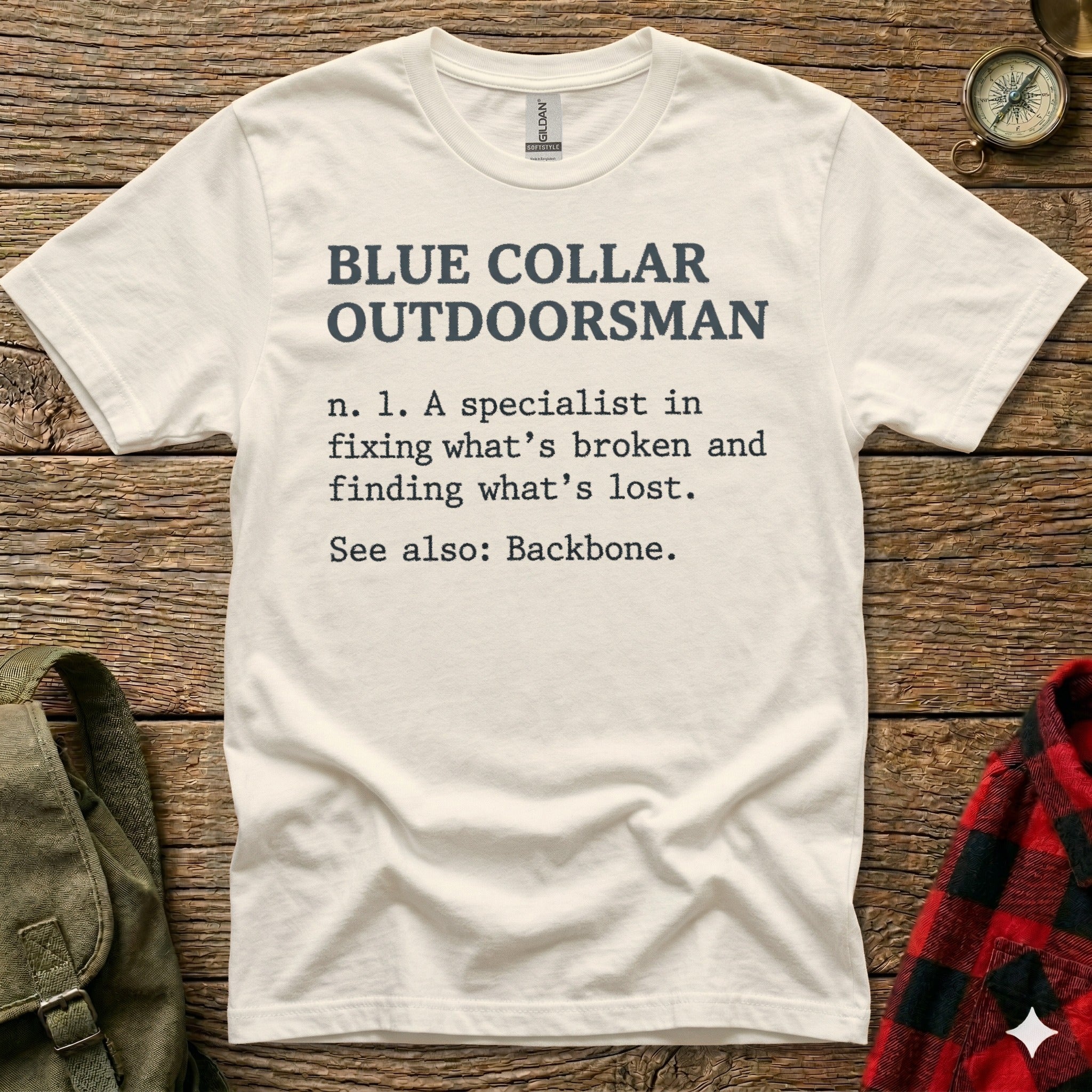 White t-shirt with "Blue Collar Outdoorsman" definition printed on it.