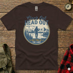 Brown t-shirt with "Clock Out Head Out See You At The Lake" text and circular graphic.