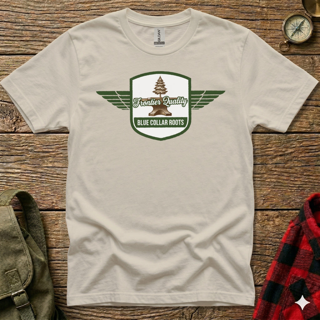 Cream t-shirt with "Frontier Quality Blue Collar Roots" logo featuring anvil and wings.