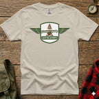 Cream t-shirt with "Frontier Quality Blue Collar Roots" logo featuring anvil and wings.
