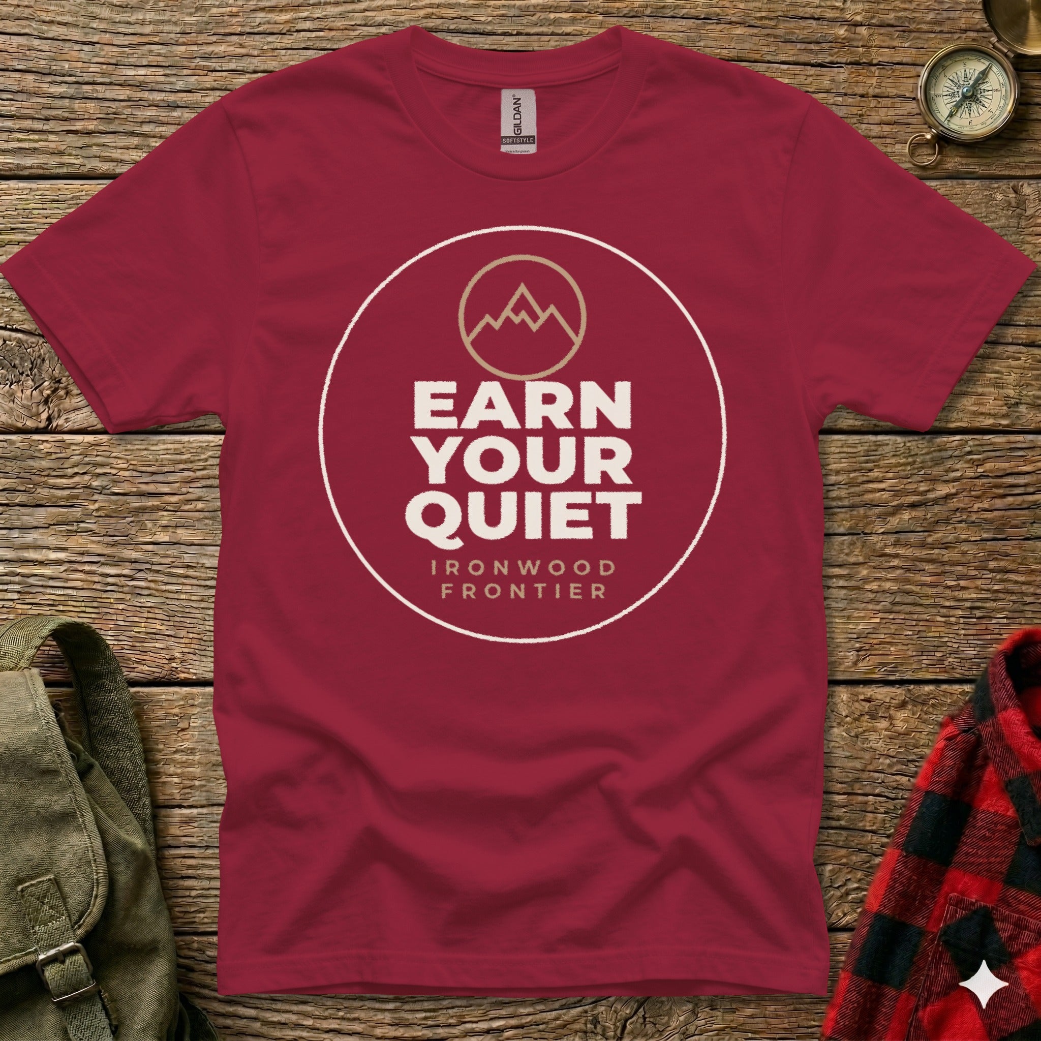 Maroon t-shirt with "Earn Your Quiet" and "Ironwood Frontier" text.