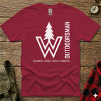 Maroon t-shirt with white "W OUTDOORSMAN" graphic and text.