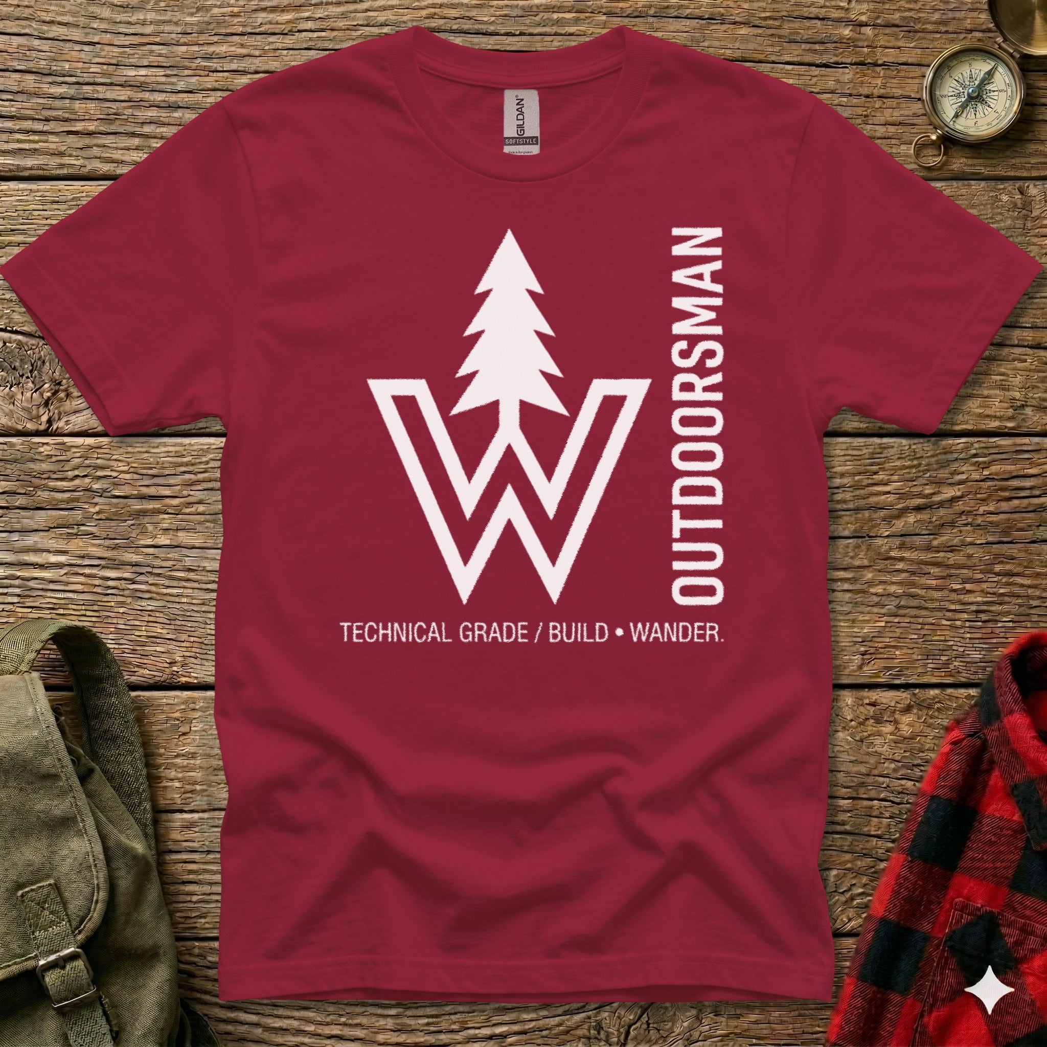 Maroon t-shirt with white "W OUTDOORSMAN" graphic and text.