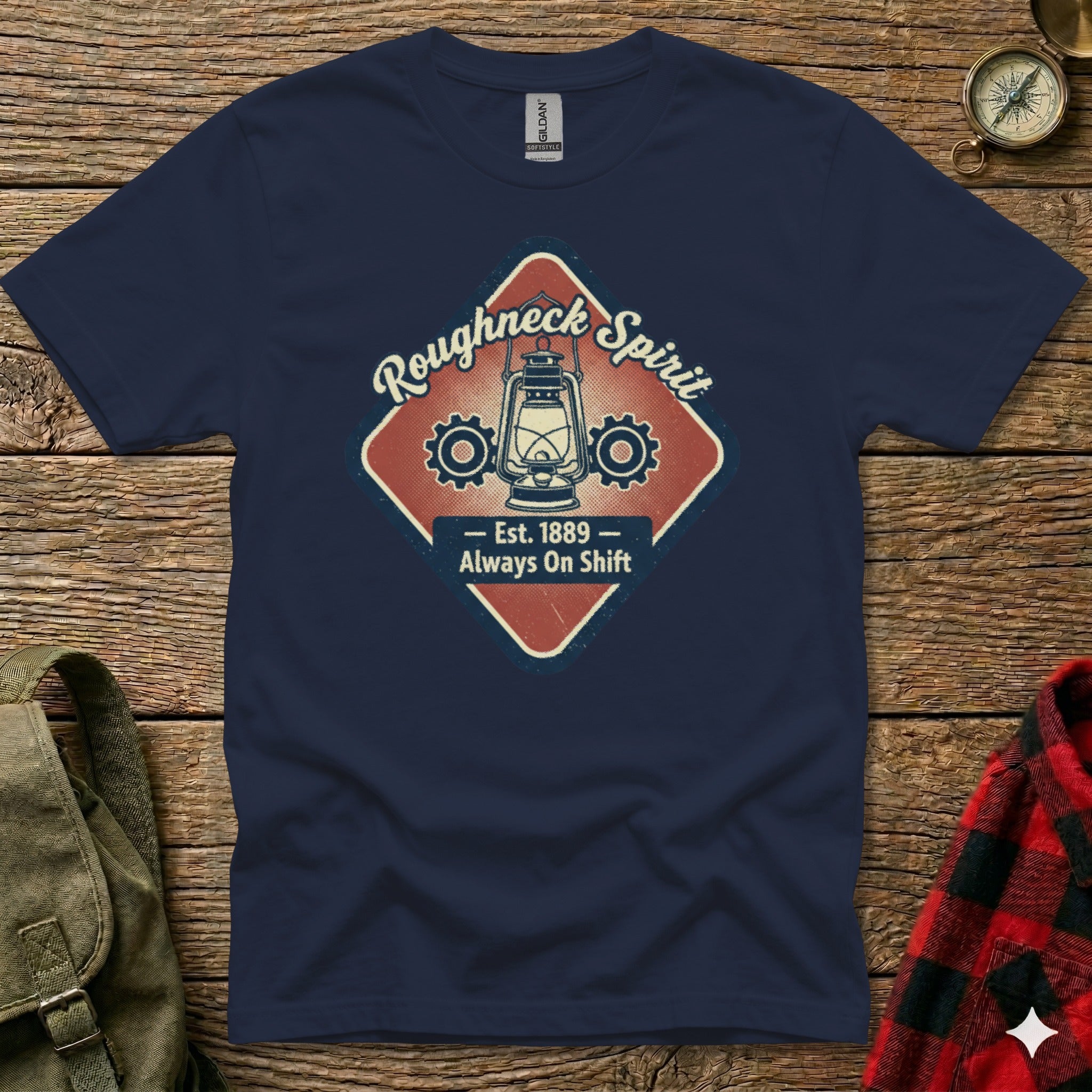 Navy t-shirt with "Roughneck Spirit" and a lantern graphic.