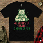 T-shirt with a grumpy bear holding a fishing rod, text reads "40 hours... 0 hours of fish".