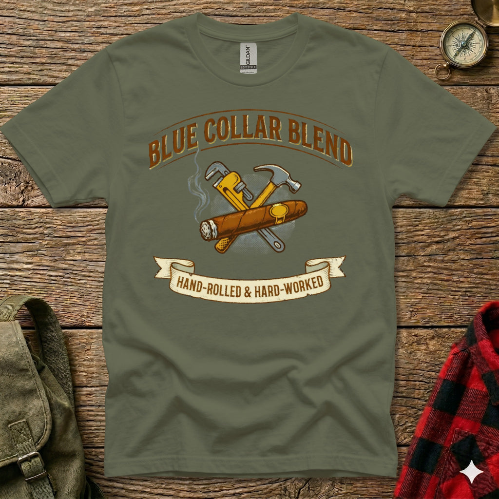 Olive t-shirt with "BLUE COLLAR BLEND" and cigar with tools.