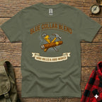 Olive t-shirt with "BLUE COLLAR BLEND" and cigar with tools.