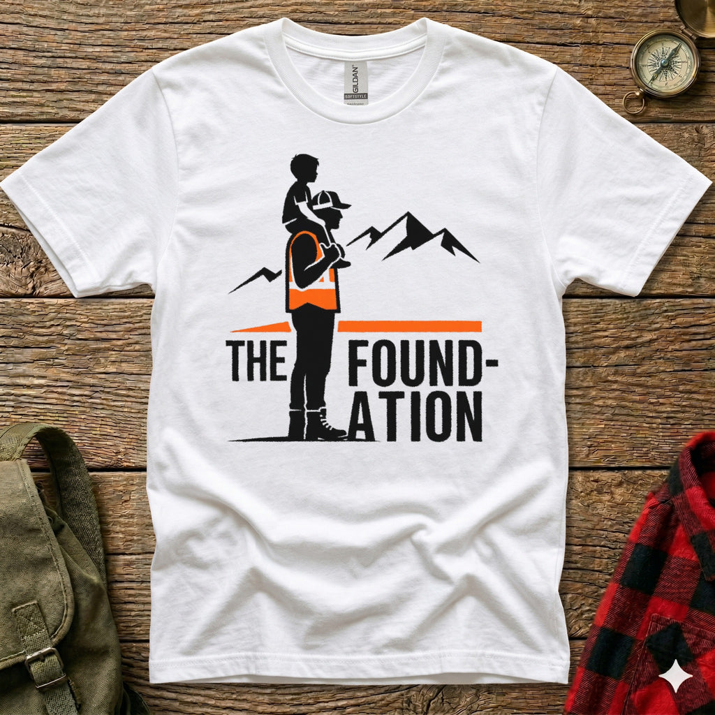 White t-shirt with "The Foundation" logo featuring a father carrying a child on his shoulders.