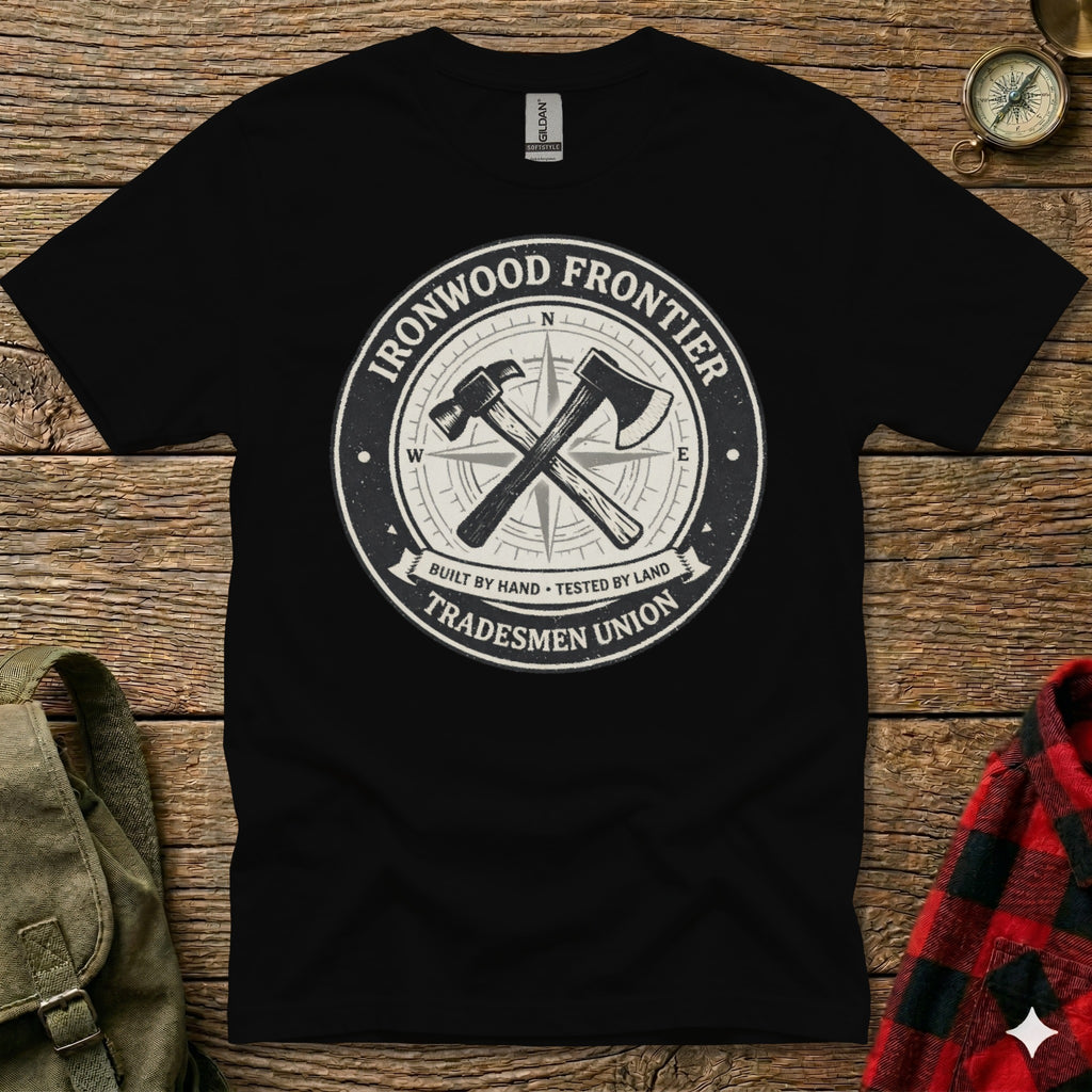 Black t-shirt with "Ironwood Frontier Tradesmen Union" circular logo.