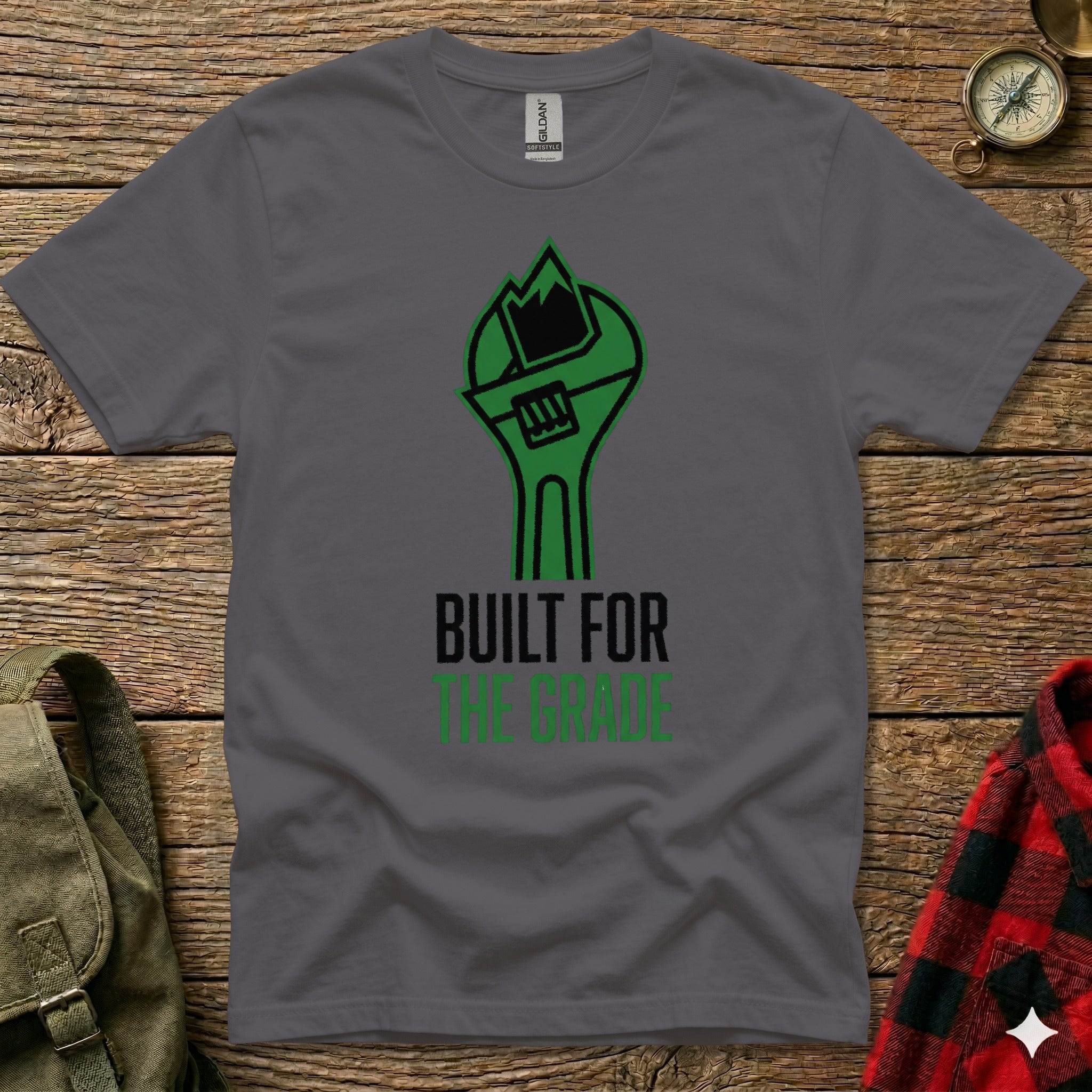 Gray t-shirt with a green wrench graphic and "BUILT FOR THE GRADE" text.